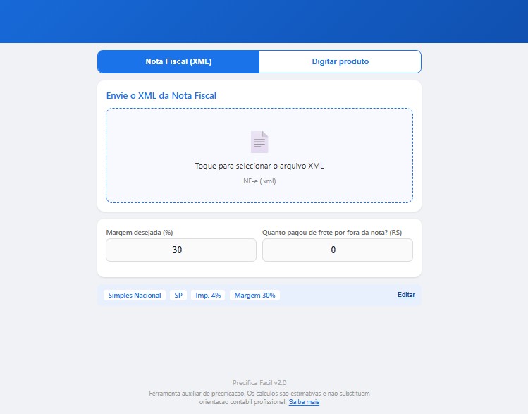 Tela de upload do XML da nota fiscal